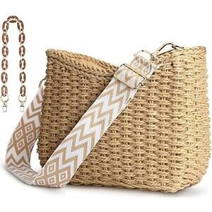 New KPX Womens Small Tan Woven Straw Zip Long Short Beaded Handle Handbag Purse